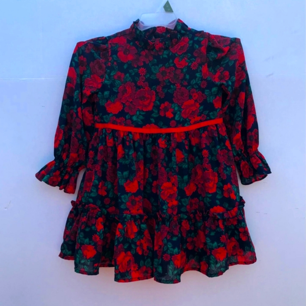 3 year old girl's dress JANIE AND JACK FLOWERED RED AND GREEN - Picture 7 of 9